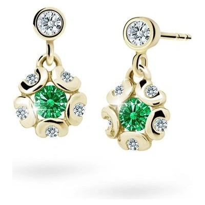 Danfil dětské náušnice kytičky C2178 ze žlutého zlata s kamínkem Emerald Green zapínání balónek