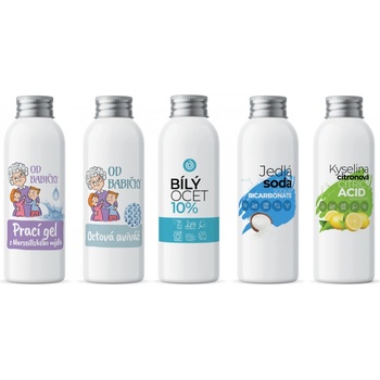 Nanolab Seznamte se Jedlá soda 100ml + Bílý ocet 100ml + Kyselina citronová 100ml + Prací gel antialergický 100 ml + Octová aviváž 100 ml (sada testerů)