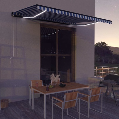 vidaXL Ručně zatahovací markýza s LED světlem 450 x 300 cm modrobílá