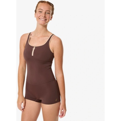 Decathlon Dámske jednodielne plavky Heva šortkové na zips hnedé