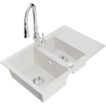 Mexen Gaspar гранитна мивка 1, 5 камери със сифон и кухненски смесител Savita, бял - 6507-20-672601-00 (6507-20-672601-00)