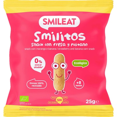 SMILEAT Bio kukuričné chrumky banán a jahoda s extra panenským olivovým olejom a vitamínom B1 25 g