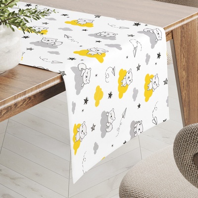 Biante bavlna behúň Sandra SA-725 Medvedíky na žlto-sivých obláčikoch na bielom 35x160 cm