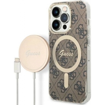 GUESS Гръб Guess 4G MagSafe Compatible Case + Зарядно Wireless Charger за iPhone 14 Prо - Кафяв