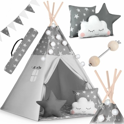Nukido Teepee stan pre deti s girlandou a svetlami sivý s hviezdičkami