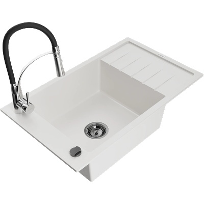 Mexen Elias гранитна мивка с 1 корито с отцедник и кухненски смесител Aster, бял - 6511-20-73450-07-B (6511-20-73450-07-B)