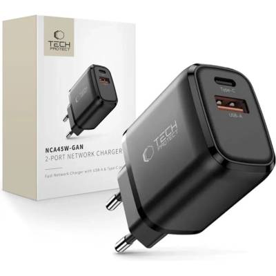 Tech-Protect nca45w-gan 2-портово мрежово зарядно pd 45w / qc3.0 черно (5906302335992)