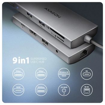 AXAGON HMC-8HLSA USB-C 3.2 Gen 1 3x USB-A + 4K/30Hz HDMI + SD/microSD GLAN Audio PD 100W хъб (HMC-8HLSA)