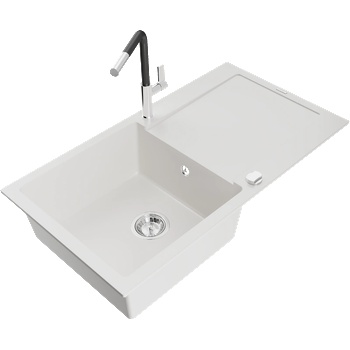 Mexen Leo еднокамерен гранитен мивка с отетелник и кухненски кран Flora, бял - 6501-20-670401-07 (6501-20-670401-07)