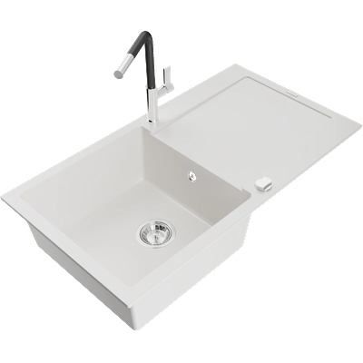 Mexen Leo еднокамерен гранитен мивка с отетелник и кухненски кран Flora, бял - 6501-20-670401-07 (6501-20-670401-07)