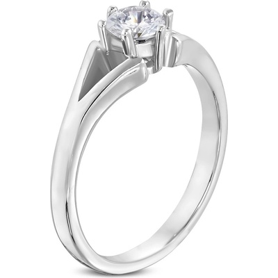 Šperky eshop ocelový prsten stříbrné zásnubní rozdělená ramena čirý zirkon D9.13