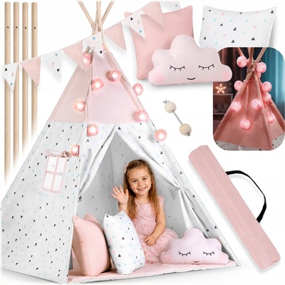 Ricokids Indiánsky stan so svetelnou šnúrou + ďalšie príslušenstvo - Trojuholník ružovo / biela