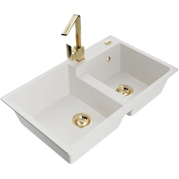 Mexen Tomas кухненска мивка от гранит с 2 камери и кухненски смесител Rita, бял - 6516-20-670300-50 (6516-20-670300-50)