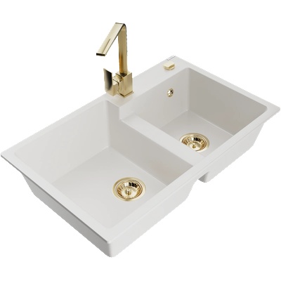 Mexen Tomas кухненска мивка от гранит с 2 камери и кухненски смесител Rita, бял - 6516-20-670300-50 (6516-20-670300-50)