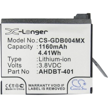 Cameron sino - Съвместима с GOPRO Hero 4; HERO 4 Plus AHDBT-401, 1160 mAh, 3.8 V; CS-GDB004MX (CS-GDB004MX)