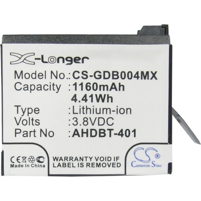 Cameron sino - Съвместима с GOPRO Hero 4; HERO 4 Plus AHDBT-401, 1160 mAh, 3.8 V; CS-GDB004MX (CS-GDB004MX)