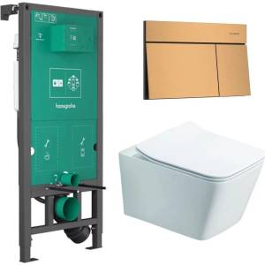 Rune Казанче за вграждане Hansgrohe iFrame 112 см с бутон iFrame Element E, четкан бронз, плюс бяла тоалетна чиния Rune Jord с капак softclose (01022180+66003140+5940541330394)