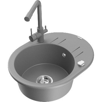 Mexen Kevin гранитна кухненска мивка с 1 корито с отцедник и кухненски смесител Duero, сив - 6517-71-671600-71 (6517-71-671600-71)