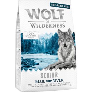 Wolf of Wilderness 5х1кг Senior Blue River Wolf of Wilderness, суха храна за кучета- свободноотглеждани пилета и сьомга
