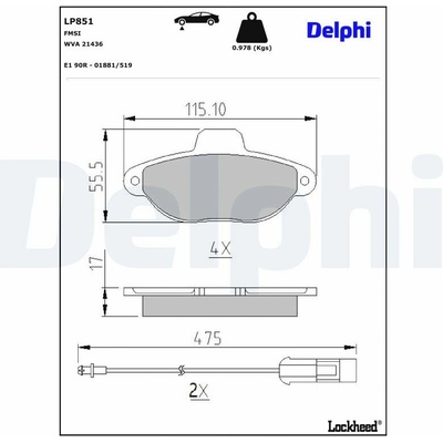 DELPHI Sada brzdových platničiek kotúčovej brzdy LP851