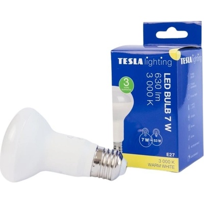 Tesla LED žárovka Reflektor R63, E27, 7W, 230V, 630lm, 25 000h, 3000K teplá bílá, 180st