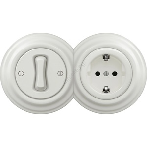 Kliklap - Ретро еднополюсен ключ №1 и SCHUKO гнездо 230V с бяла керамична рамка (KA0008E)