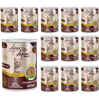 HERMOS How Meow Jelly Adult Cat Food with Chicken - Пълоценна храна за пораснали котки, консерва с пиле в желе 400 гр х 12 броя в стек, Турция