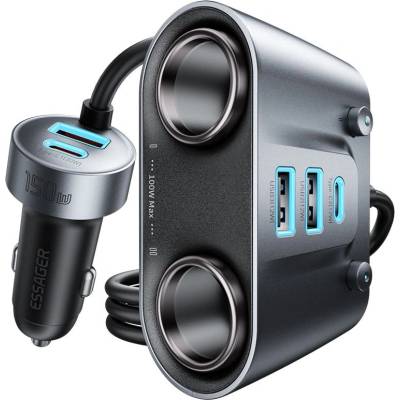 ESSAGER 150W зарядно за кола разклонител за запалка, 5 USB порта, 2 Type-C - черен
