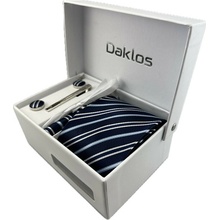 Daklos Luxusní set tmavě a světle modré a bílé proužky Kravata kapesníček manžetové knoflíčky kravatová spona v dárkové krabičce