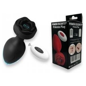  Power Escorts - Princess Plug - Remote Rose Design Plug - USB Rechargeable - 10 Functions - Black