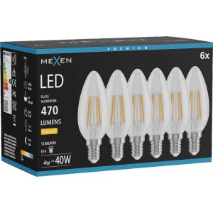 Mexen Vintis 6x LED филамент крушка E14, C35, 4W, Топла - 2700K, 470 lm, прозрачна (L154-E14-0427-00x06)