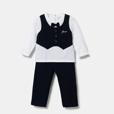 GUESS Комплект бяла риза с пришит елек и тъмно син панталон за бебе момче Guess