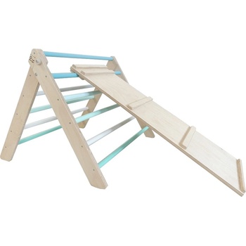 Montessori ELIS DESIGN Piklerovej trojuholník light + doska 2v1 natur modré priečky