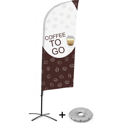 Jansen Display Kompletní sada reklamní vlajky ve tvaru křídla, Káva s sebou, anglicky Křížová Základna, 1273 x 3030 mm
