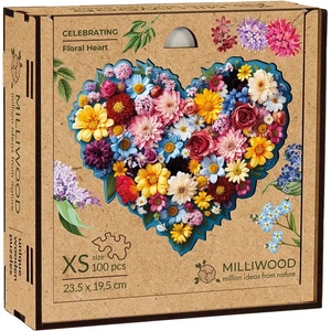 Milliwood Дървен пъзел Milliwood от 100 части - Цветно сърце (размер XS) (XS-FloralHeart-5080)