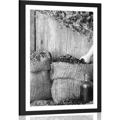 Plakát s paspartou léčivé bylinky v černobílém provedení - 60x90 no frame