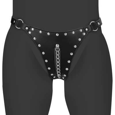 Ouch! PU Leather Chastity Thong with Chain Detail Black