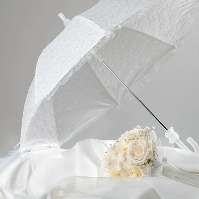 Автоматичен булчински чадър от бяла дантела и тюл Perletti 11228