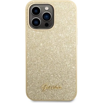 GUESS Glitter Flakes Metal Logo Case - хибриден удароустойчив кейс за iPhone 14 Pro (златист)