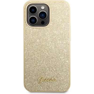 GUESS Glitter Flakes Metal Logo Case - хибриден удароустойчив кейс за iPhone 14 Pro (златист)