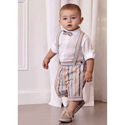 Abel & Lula Ленен комплект бяла риза и раиран къс панталон с тиранти за бебе момче Abel&Lula