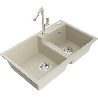 Mexen Tomas двоен кухненски мивка от гранит с кухненски смесител Flora, бежов - 6516-69-670401-09 (6516-69-670401-09)