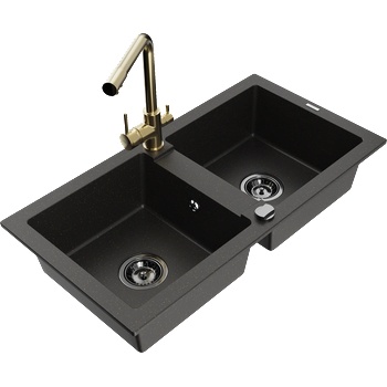 Mexen Mario двоен мивка от гранит с кухненски смесител Duero, черен/златен металик - 6504-75-671600-50-B (6504-75-671600-50-B)