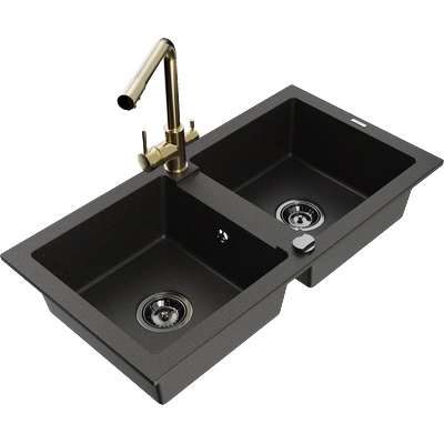 Mexen Mario двоен мивка от гранит с кухненски смесител Duero, черен/златен металик - 6504-75-671600-50-B (6504-75-671600-50-B)
