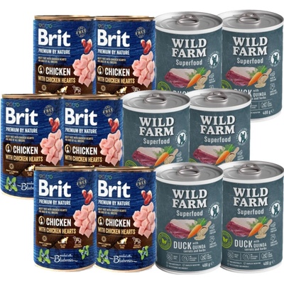 Brit Premium by Nature Kuracie mäso s kuracími srdiečkami 6 x 400 g + Wild Farm Superfood Kačacie mäso 6 x 400 g