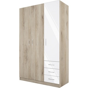 Bogdan Furniture I Трикрилен гардероб Mod 1028 с чекмеджета, Сонома арвен/Бял гланц