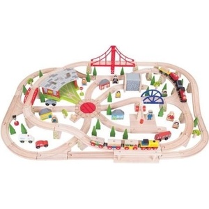 Bigjigs Toys - Дървен комплект - Товарен влак с релси и аксесоари в дървена кутия (BJT017)