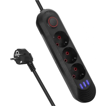 Maclean Разклонител Maclean, удължител с 3 гнезда + 3xUSB, 110-240V AC 50/60Hz, 2.1A макс. 2500W, 1.5 м, черен, MCE394 B (MCE394 B)