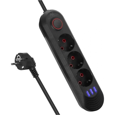 Maclean Разклонител Maclean, удължител с 3 гнезда + 3xUSB, 110-240V AC 50/60Hz, 2.1A макс. 2500W, 1.5 м, черен, MCE394 B (MCE394 B)