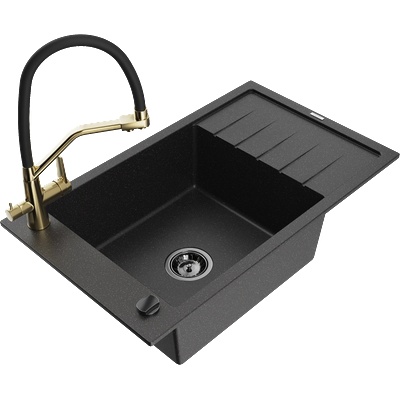 Mexen Elias гранитна мивка с една камера с отцедник и кухненски смесител Duo, черен/сребърен металик - 6511-73-671701-57-B (6511-73-671701-57-B)